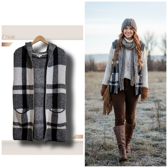 C Est. 1946 Sweaters - 🌿Est 1946 Women's Medium Black White Buffalo Plaid Sleeveless Hooded Cardigan